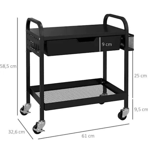 Rootz Living Köksö>Rootz Köksvagn - 1 låda - Sidokrokar - 1 Hylla - 4 Hjul - Liten korg - Multifunktionsvagn - Plast+stål - Svart - 61L x 32,6W x 58,5Hcm