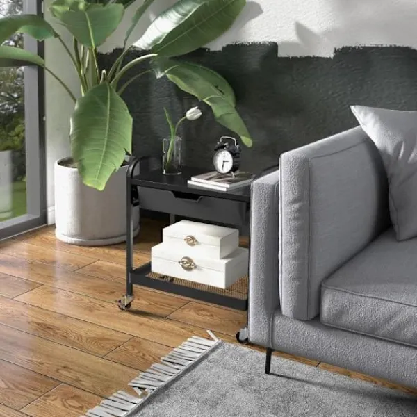 Rootz Living Köksö>Rootz Köksvagn - 1 låda - Sidokrokar - 1 Hylla - 4 Hjul - Liten korg - Multifunktionsvagn - Plast+stål - Svart - 61L x 32,6W x 58,5Hcm