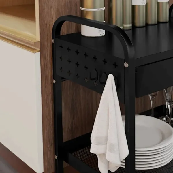 Rootz Living Köksö>Rootz Köksvagn - 1 låda - Sidokrokar - 1 Hylla - 4 Hjul - Liten korg - Multifunktionsvagn - Plast+stål - Svart - 61L x 32,6W x 58,5Hcm