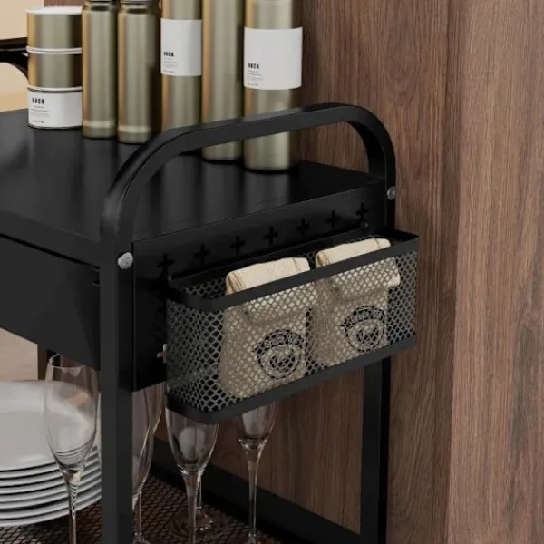 Rootz Living Köksö>Rootz Köksvagn - 1 låda - Sidokrokar - 1 Hylla - 4 Hjul - Liten korg - Multifunktionsvagn - Plast+stål - Svart - 61L x 32,6W x 58,5Hcm