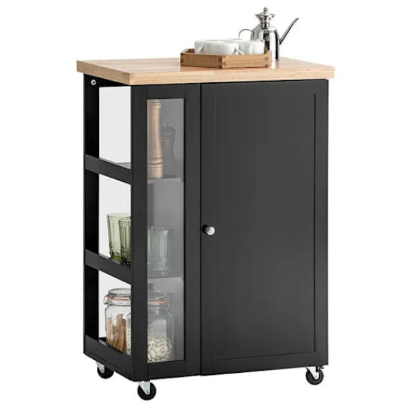 Rootz Living Sideboards>Rootz Köksvagn - Sidovagn - Serveringsvagn - Justerbara hyllor - Mobil förvaring - Låsbara hjul - Svart MDF och glas - 60cm x 90cm x 40cm