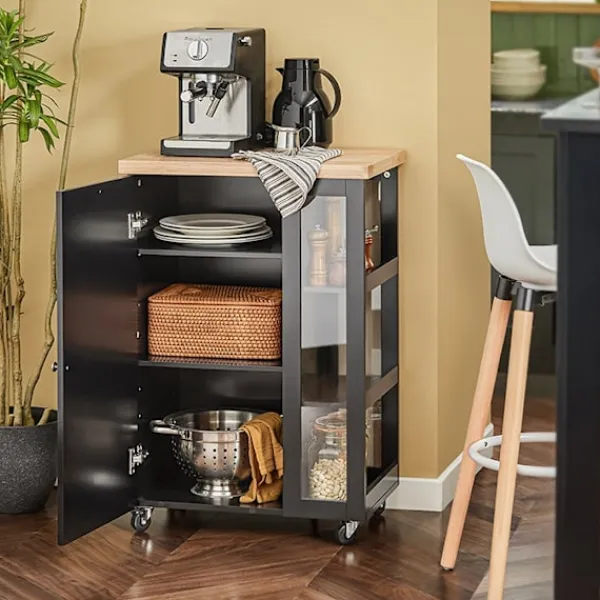 Rootz Living Sideboards>Rootz Köksvagn - Sidovagn - Serveringsvagn - Justerbara hyllor - Mobil förvaring - Låsbara hjul - Svart MDF och glas - 60cm x 90cm x 40cm