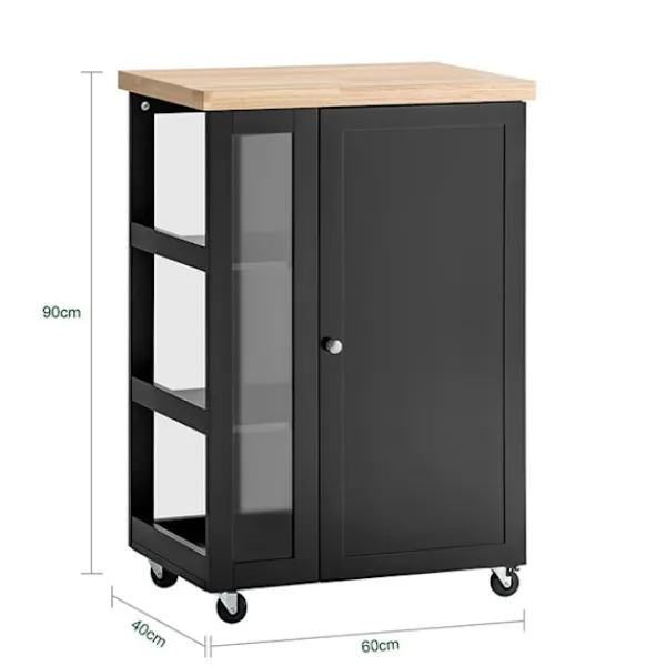 Rootz Living Sideboards>Rootz Köksvagn - Sidovagn - Serveringsvagn - Justerbara hyllor - Mobil förvaring - Låsbara hjul - Svart MDF och glas - 60cm x 90cm x 40cm
