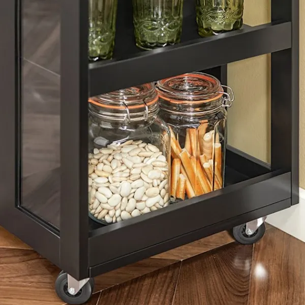 Rootz Living Sideboards>Rootz Köksvagn - Sidovagn - Serveringsvagn - Justerbara hyllor - Mobil förvaring - Låsbara hjul - Svart MDF och glas - 60cm x 90cm x 40cm