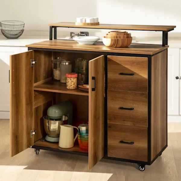 Rootz Living Köksö>Rootz Köksvagn med bänkskiva - Köksö - Mobilt köksskåp - Justerbara hyllor - Mångsidig förvaring - Hållbar PB(E1) och metall - 113cm x 106cm x 69cm