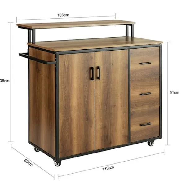 Rootz Living Köksö>Rootz Köksvagn med bänkskiva - Köksö - Mobilt köksskåp - Justerbara hyllor - Mångsidig förvaring - Hållbar PB(E1) och metall - 113cm x 106cm x 69cm