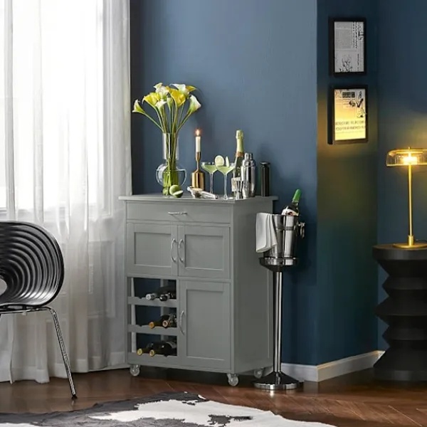 Rootz Living Köksö>Rootz Köksvagn Serveringsvagn - Köksskåp - Mobil förvaringsenhet - MDF och rostfritt stål - Med flaskhyllor, låda och låsbara hjul - 67cm x 87cm x 38c | Fyndiq