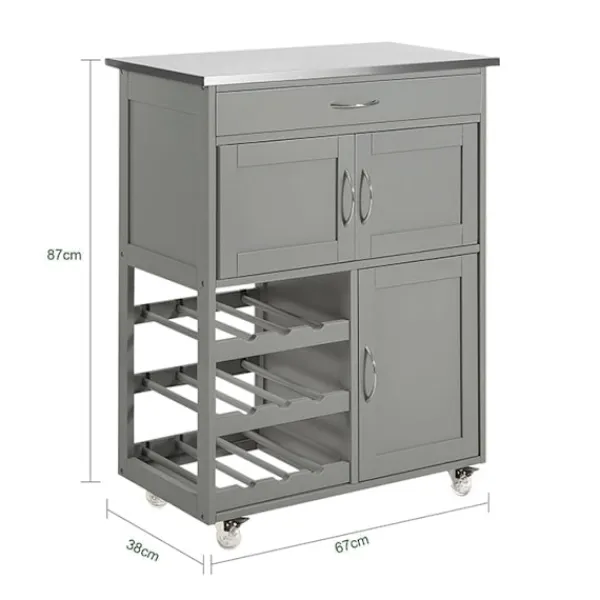 Rootz Living Köksö>Rootz Köksvagn Serveringsvagn - Köksskåp - Mobil förvaringsenhet - MDF och rostfritt stål - Med flaskhyllor, låda och låsbara hjul - 67cm x 87cm x 38c | Fyndiq