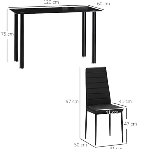 Rootz Living Matgrupper>Rootz Matgrupp - Matbord med 4 stolar - Modern design - Glasbord - konstläder - Svart - 120cm x 60cm x 97cm