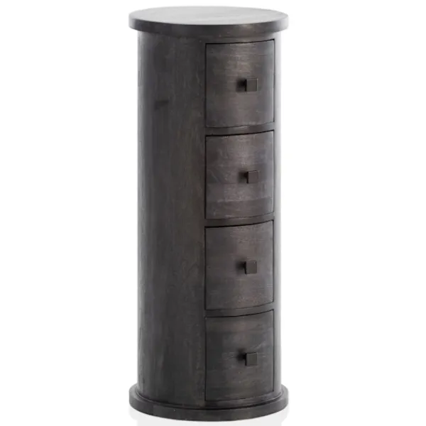 Rootz Living Byråer>Rootz Modern byrå - Skänk - Förvaringsskåp - Mangoträ - 34cm x 85cm x 34cm - Svart - Fyra lådor - Unik ådring - Hög stabilitet - Avtagbara lådor