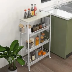 Rootz Living Köksö>Rootz Nischvagn - Multifunktionsvagn - Köksvagn - 3 hyllor - Krokar - Spånskiva - Vit - 58 cm x 18,5 cm x 87 cm