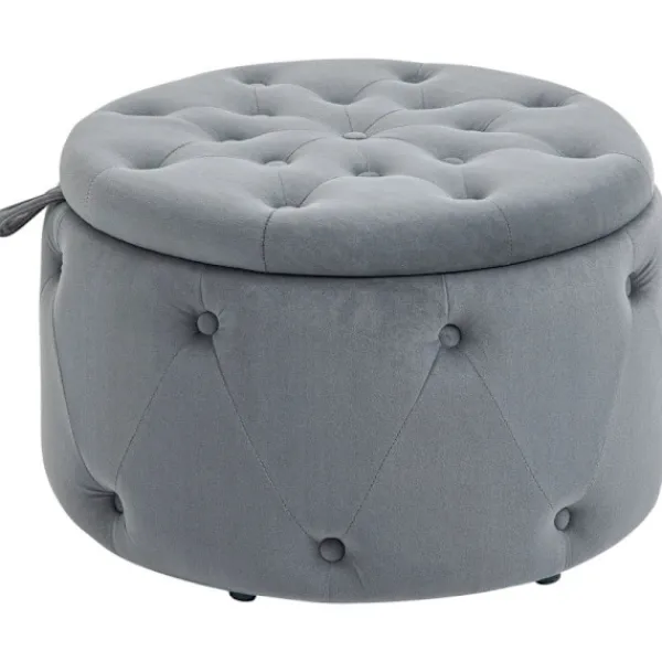 Rootz Living Sittpuffar>Rootz Pall - Rund - Med förvaringsfack - Quiltad design med knappar - Överdrag i sammetslook - Grå - 60 x 60 x 40 cm