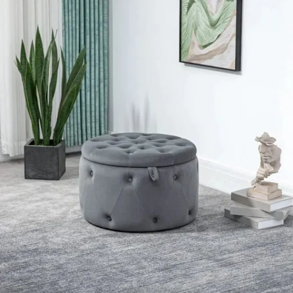 Rootz Living Sittpuffar>Rootz Pall - Rund - Med förvaringsfack - Quiltad design med knappar - Överdrag i sammetslook - Grå - 60 x 60 x 40 cm