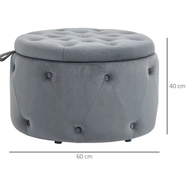 Rootz Living Sittpuffar>Rootz Pall - Rund - Med förvaringsfack - Quiltad design med knappar - Överdrag i sammetslook - Grå - 60 x 60 x 40 cm