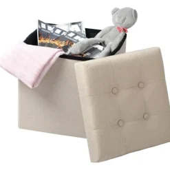 Rootz Living Sittpuffar>Rootz Pall med förvaring - Förvaringsbänk - Vikbar ottoman - Linnetyg - 37,5 cm x 38 cm x 37,5 cm - Utrymmesbesparande - Andas - 38L förvaring