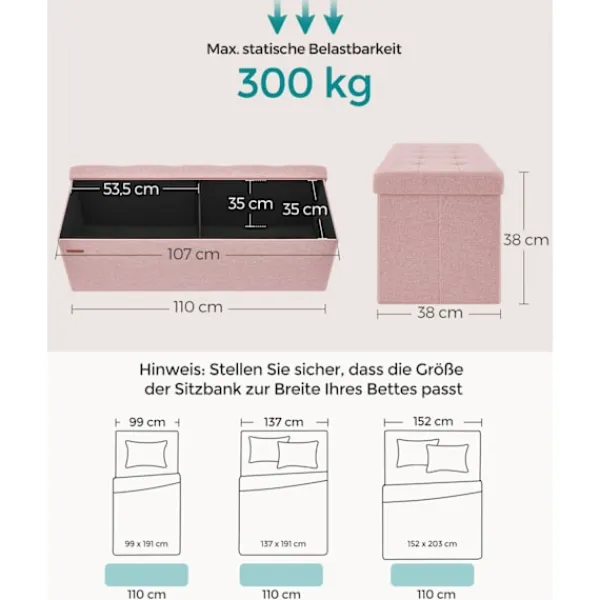 Rootz Living Kistor & Koffertar>Rootz Pink Ottoman Förvaringsbänk - MDF-klädd sits - Linnefinish - Högresiliensskum - 38 cm x 110 cm x 38 cm - 300 kg Kapacitet