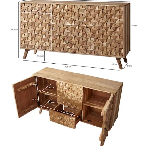 Rootz Living Byråer>Rootz Room Skänk 140x78,5x40 cm Skänk massivträ Acaciaskåp Brun - Byrå i lantlig stil med 3 lådor & 2 dörrar - Hallskåp i äkta trä - Låda byrå massiv | Fyndiq