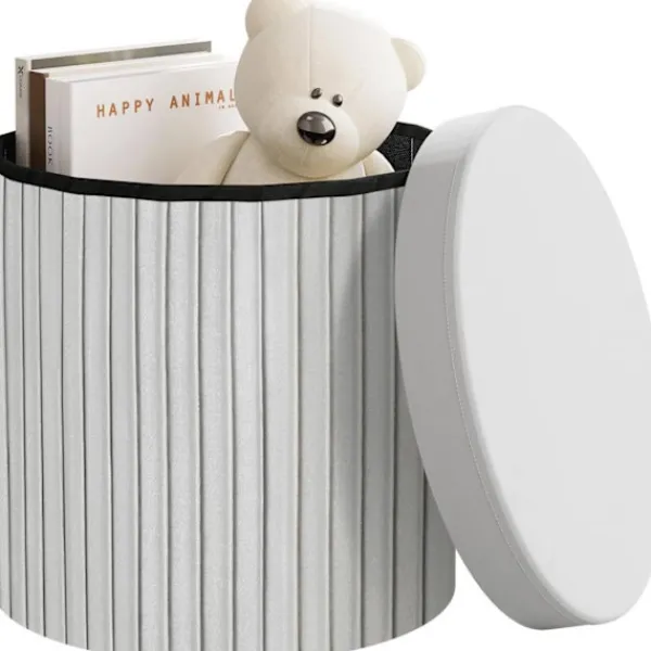 Rootz Living Sittpuffar>Rootz Round Velvet Storage Pall - Puff Ottoman - Kräm/Grå - Dold förvaring - Mjuk stoppning - 38cm x 36cm - Elegant volangdesign