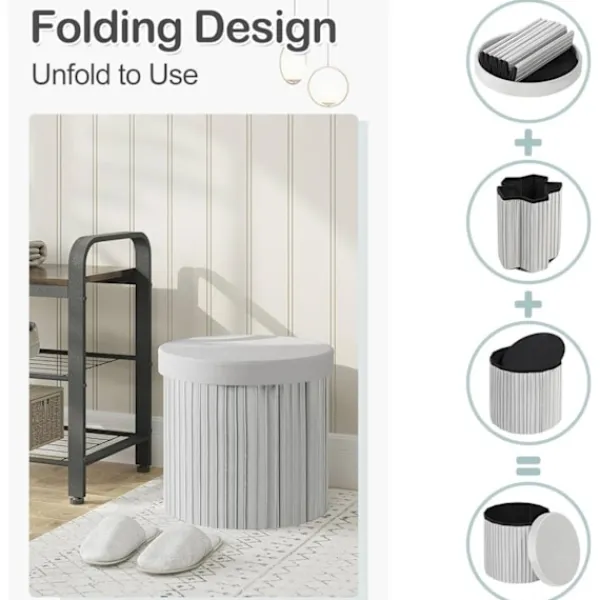 Rootz Living Sittpuffar>Rootz Round Velvet Storage Pall - Puff Ottoman - Kräm/Grå - Dold förvaring - Mjuk stoppning - 38cm x 36cm - Elegant volangdesign