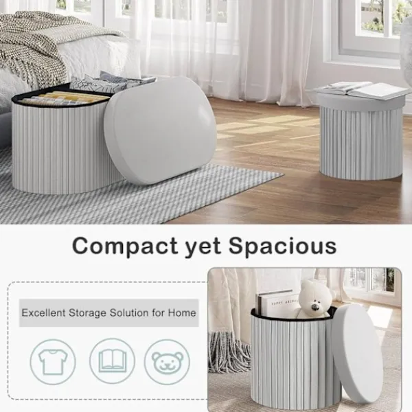 Rootz Living Sittpuffar>Rootz Round Velvet Storage Pall - Puff Ottoman - Kräm/Grå - Dold förvaring - Mjuk stoppning - 38cm x 36cm - Elegant volangdesign