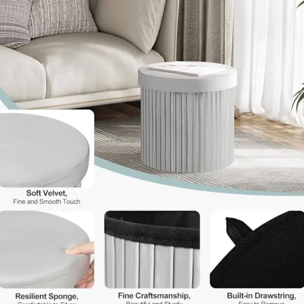 Rootz Living Sittpuffar>Rootz Round Velvet Storage Pall - Puff Ottoman - Kräm/Grå - Dold förvaring - Mjuk stoppning - 38cm x 36cm - Elegant volangdesign