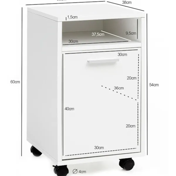 Rootz Living Kontorsmöbler>Rootz rullcontainer vit 33x60x38cm lådskåp kontorscontainer - Skrivbordsbehållare med dörr & bricka - Kontorsbehållare sidobehållare med hjul - Liten | Fyndiq