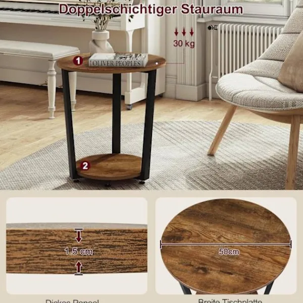 Rootz Living Småbord>Rootz Runt Sidobord - Soffbord - Litet vardagsrumsbord - Vintage Design - 50cm x 53cm - Trämaterial - Metallram