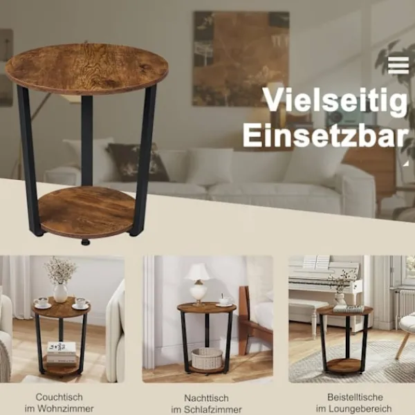 Rootz Living Småbord>Rootz Runt Sidobord - Soffbord - Litet vardagsrumsbord - Vintage Design - 50cm x 53cm - Trämaterial - Metallram