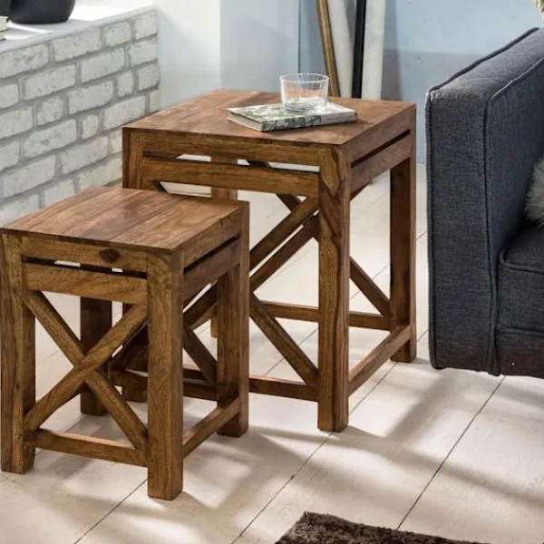 Rootz Living Pallar>Rootz set med 2 sidobord i massivt trä sheesham vardagsrumsbord design mörkbrunt soffbord i lantlig stil