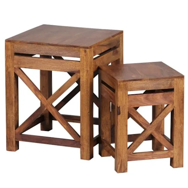 Rootz Living Pallar>Rootz set med 2 sidobord i massivt trä sheesham vardagsrumsbord design mörkbrunt soffbord i lantlig stil