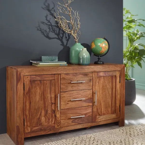 Rootz Living Sideboards>Rootz skänk massivt trä sheesham byrå 118 cm 3 lådor 2 dörrar de