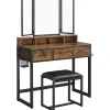 Rootz Living Sminkbord>Rootz Sminkbord - Set - Sminkbord - 3-delat - Fällbar spegel - Hårtorkhållare - Kosmetikbord - Stoppad pall - 3 lådor - Industriell - Brun - Svart