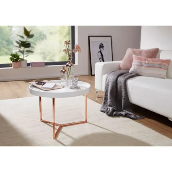 Rootz Living Soffbord>Rootz soffbord 58,5x42x58,5cm vitt - koppar soffbord metall runt - Designer retro soffbord modernt - Litet loungebord med metallram - Runt brickbord m | Fyndiq