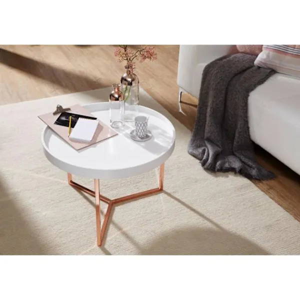 Rootz Living Soffbord>Rootz soffbord 58,5x42x58,5cm vitt - koppar soffbord metall runt - Designer retro soffbord modernt - Litet loungebord med metallram - Runt brickbord m | Fyndiq