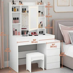 Rootz Living Sminkbord>Rootz toalettbord - Vanity Table - Makeuptabell - LED -belysning - Justerbara färger och ljusstyrka - 40 cm x 97,5 cm x 145 cm