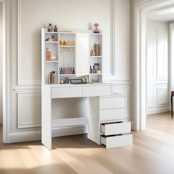 Rootz Living Sminkbord>Rootz toalettbord - Vanity Table - Makeuptabell - LED -belysning - Justerbara färger och ljusstyrka - 40 cm x 97,5 cm x 145 cm