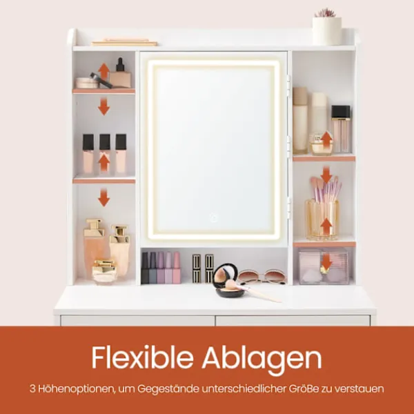 Rootz Living Sminkbord>Rootz toalettbord - Vanity Table - Makeuptabell - LED -belysning - Justerbara färger och ljusstyrka - 40 cm x 97,5 cm x 145 cm