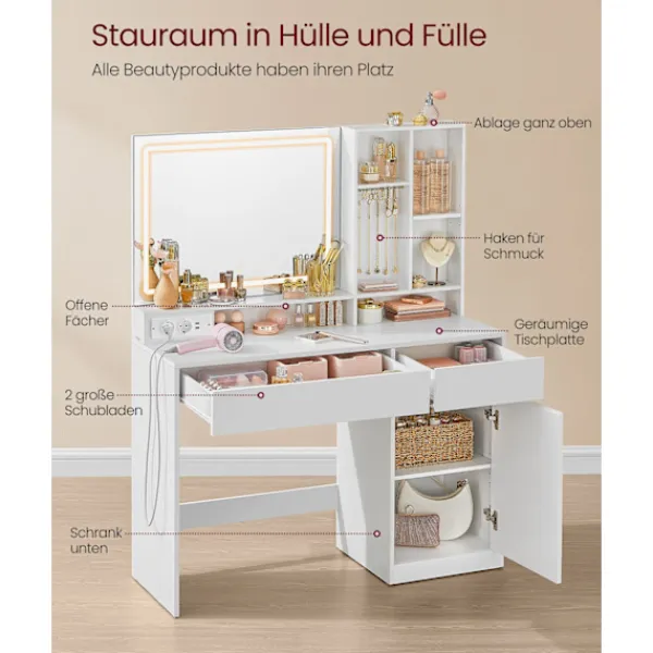 Rootz Living Sminkbord>Rootz toalettbord med LED -belysning - Vanity Table - Makeup Desk - MDF and Chipboard - Cloud White - 40 x 110 x 138 cm