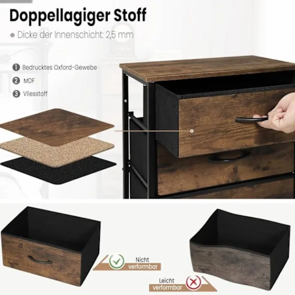 Rootz Living Byråer>Rootz Tyglåda med vintage trälook - Sovrumsbyrå - Skänk med 5 lådor - Organizer - 45,5 x 95,5 x 30 cm