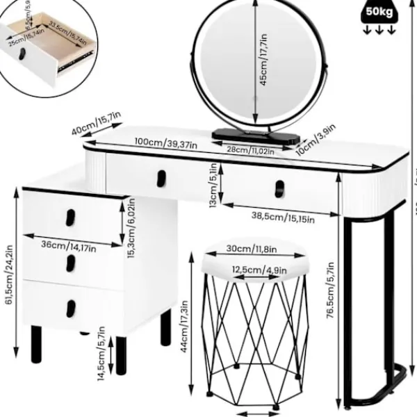 Rootz Living Sminkbord>Rootz Vanity toalettbordsuppsättning - Makeupbord - Skönhetsdisk - Dimbar LED -spegel - Velvet Stool - 100 cm x 126 cm x 40 cm - White & Black