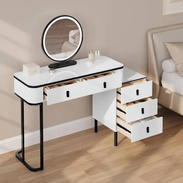 Rootz Living Sminkbord>Rootz Vanity toalettbordsuppsättning - Makeupbord - Skönhetsdisk - Dimbar LED -spegel - Velvet Stool - 100 cm x 126 cm x 40 cm - White & Black