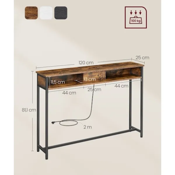 Rootz Living Småbord>Rootz Vintage Brown-Ink Black Soffbord - Sidobord - Spånskiva stål - Power Strip - 25cm x 120cm x 81,1cm