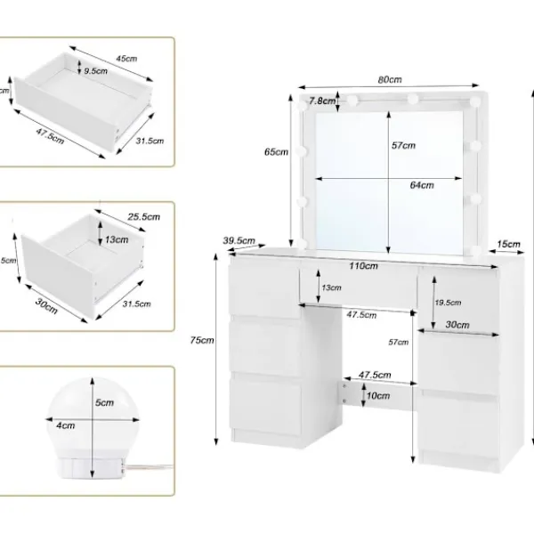 Rootz Living Sminkbord>Rootz White Sminkbord - Sminkbord - Sminkbord - Justerbar LED-belysning - Gott om förvaring - Hållbar design - 110 cm x 140,5 cm x 39,5 cm
