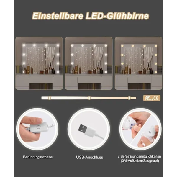 Rootz Living Sminkbord>Rootz White Sminkbord - Sminkbord - Sminkbord - Justerbar LED-belysning - Gott om förvaring - Hållbar design - 110 cm x 140,5 cm x 39,5 cm