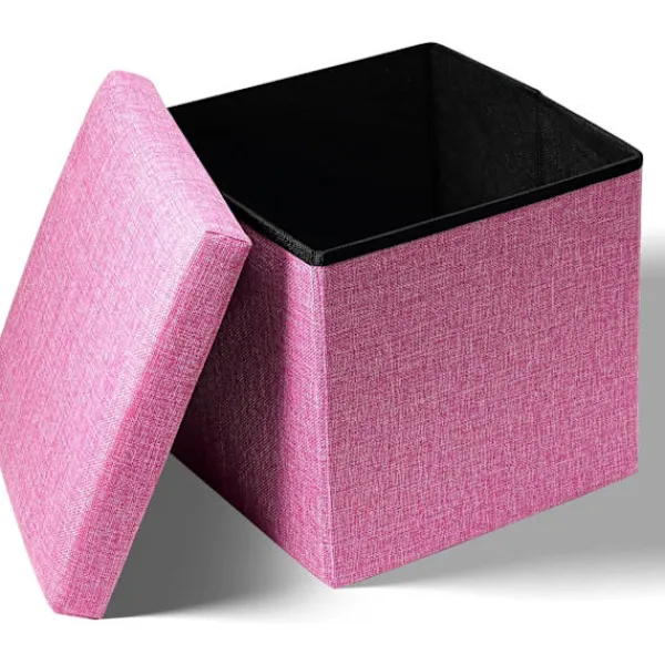 Sittpuffar>Rosa förvaringslåda med lock, platt förvaringslåda, leksakslåda, fotpall med förvaring, minneslåda, förvaring av prylar