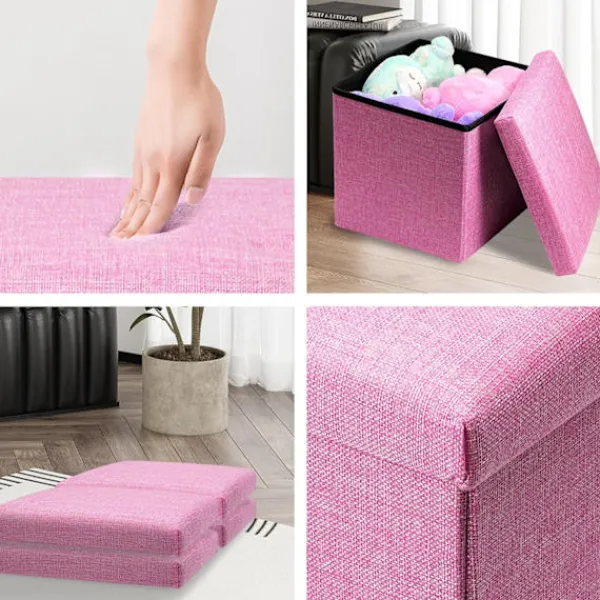 Sittpuffar>Rosa förvaringslåda med lock, platt förvaringslåda, leksakslåda, fotpall med förvaring, minneslåda, förvaring av prylar