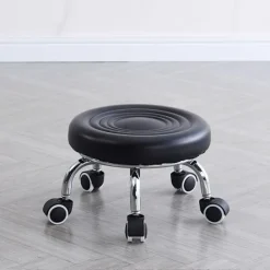 Pallar>Rullpall Läder Låg Rund Rullande Pall med Hjul Hemmakontor Garage Verkstad Fitness Sport, 24cm (Svart)