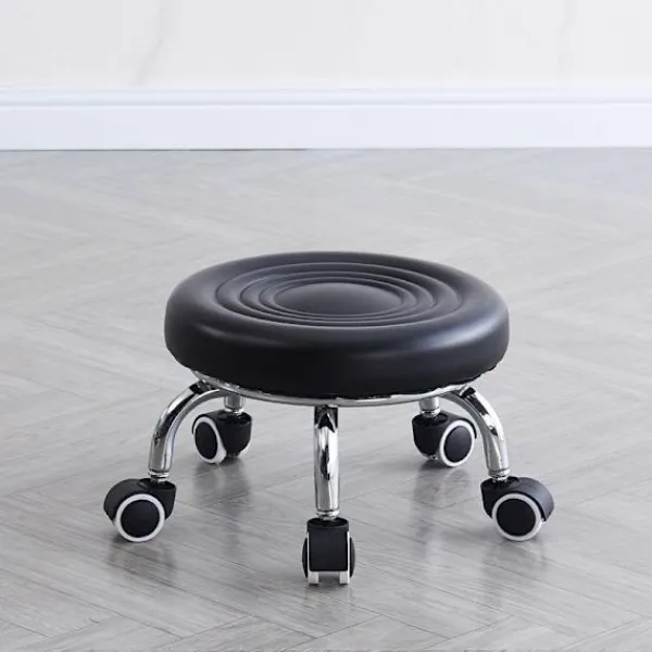 Pallar>Rullpall Läder Låg Rund Rullande Pall med Hjul Hemmakontor Garage Verkstad Fitness Sport, 24cm (Svart)