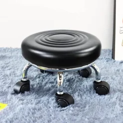 Pallar>Rullpall Läder Låg Rund Rullande Pall med Hjul Hemmakontor Garage Verkstad Fitness Sport, 24cm (Svart)