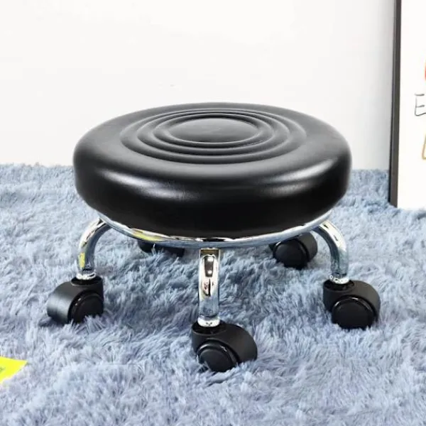 Pallar>Rullpall Läder Låg Rund Rullande Pall med Hjul Hemmakontor Garage Verkstad Fitness Sport, 24cm (Svart)